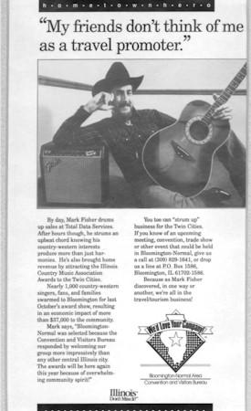 Bloomington.jpg - Bloomington Newspaper Ad.  This clipping was an advertisement by the Bloomington-Normal (Illinois) Convention and Visitor's Bureau in 1992. It was part of their "Hometown Hero" promotion recognizing individuals who had helped promote trade shows and meetings in the community. (Photo by Lori Cook).